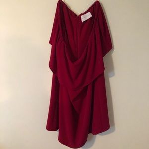 Red off the shoulder short dress.